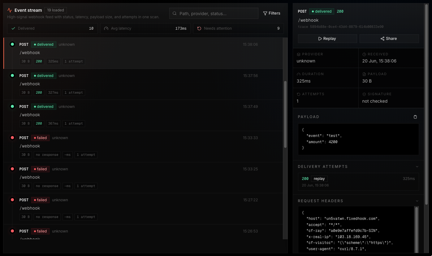 Event inspector showing a Stripe webhook with full request and response detail