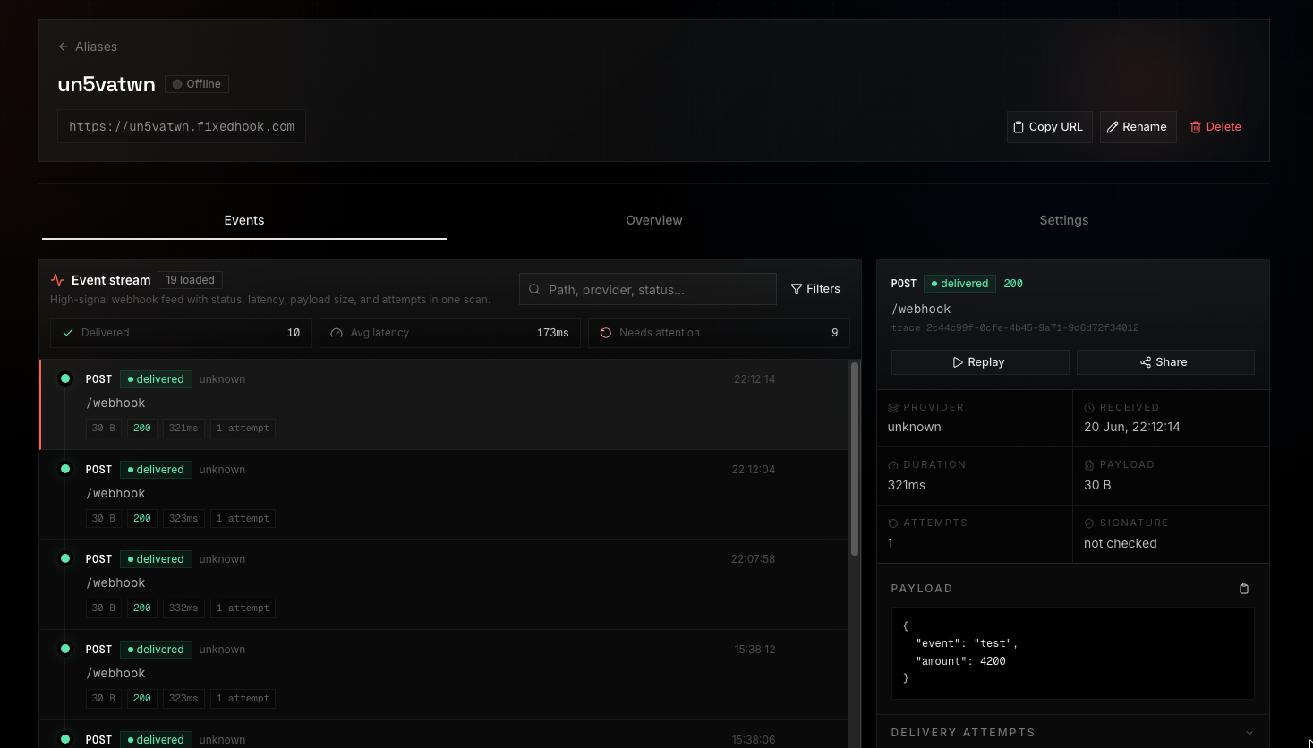 Event stream showing a Stripe checkout.session.completed event in the dashboard